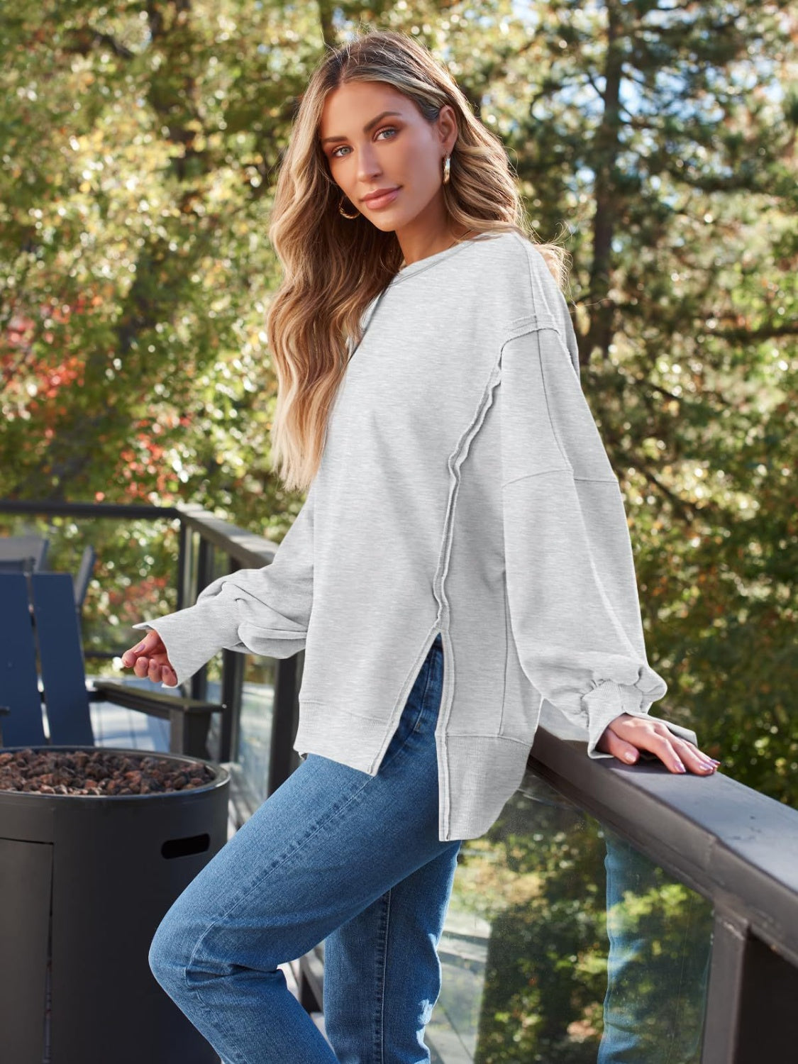 Slit Round Neck Long Sleeve Sweatshirt - EkaVibe