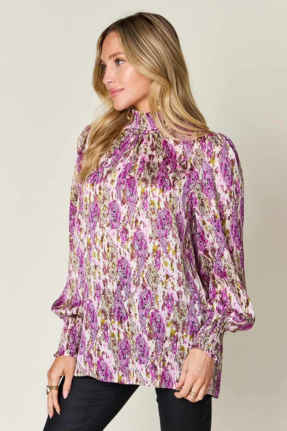 Double Take Full Size Printed Smocked Long Sleeve Blouse - EkaVibe