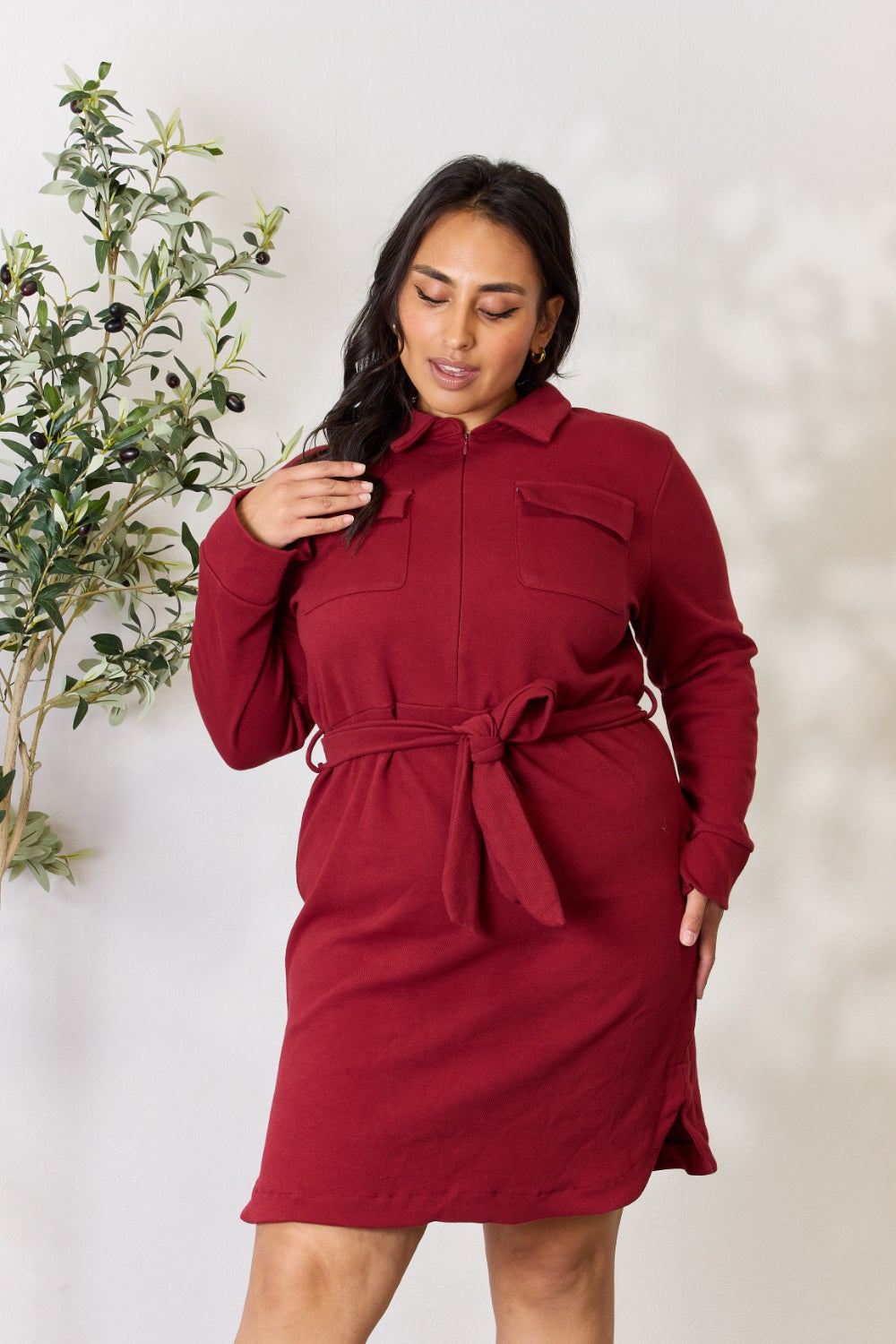 Culture Code Full Size Tie Front Half Zip Long Sleeve Shirt Dress - EkaVibe