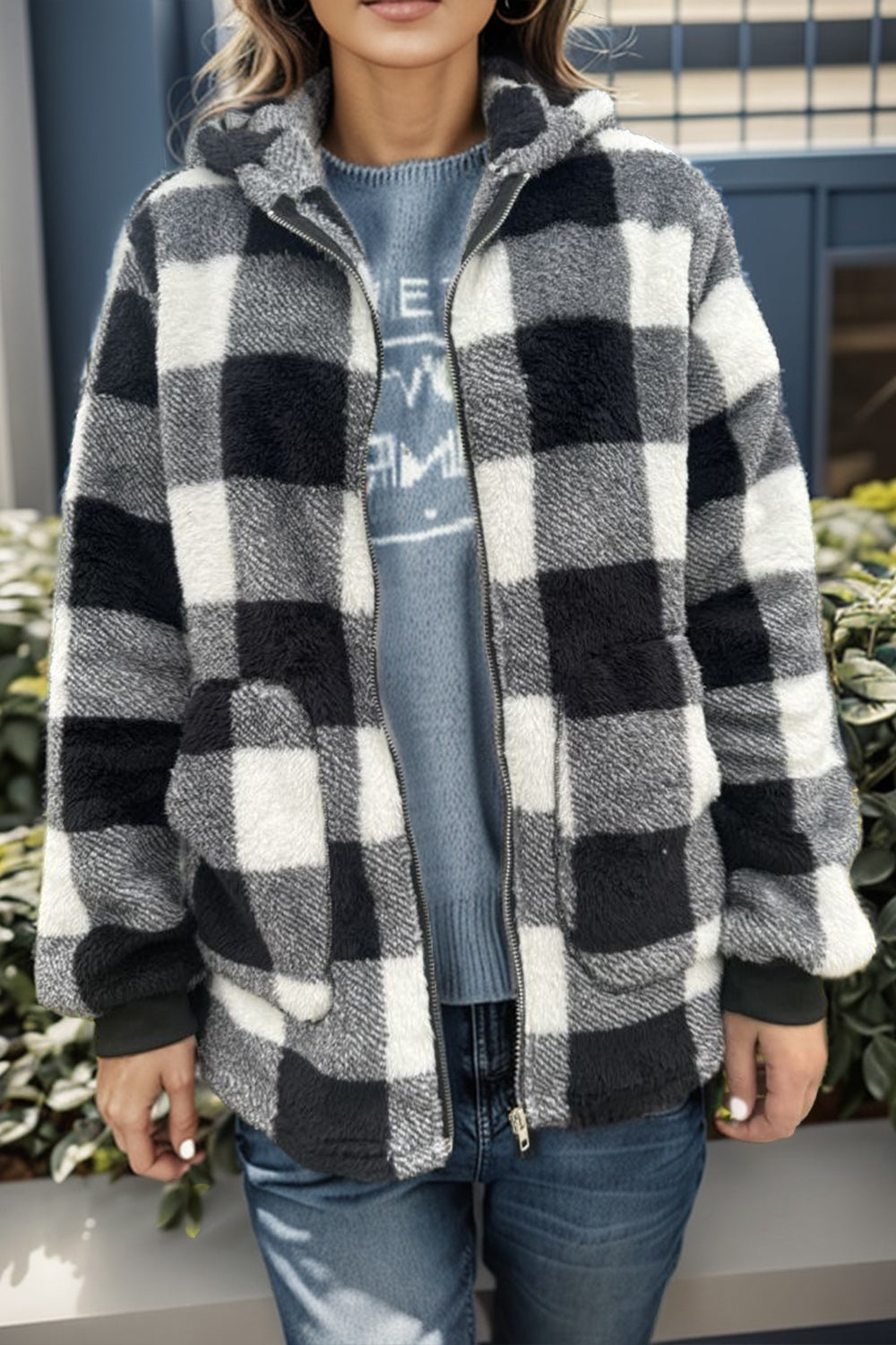 Double Take Full Size Plaid Long Sleeve Hooded Coat - EkaVibe