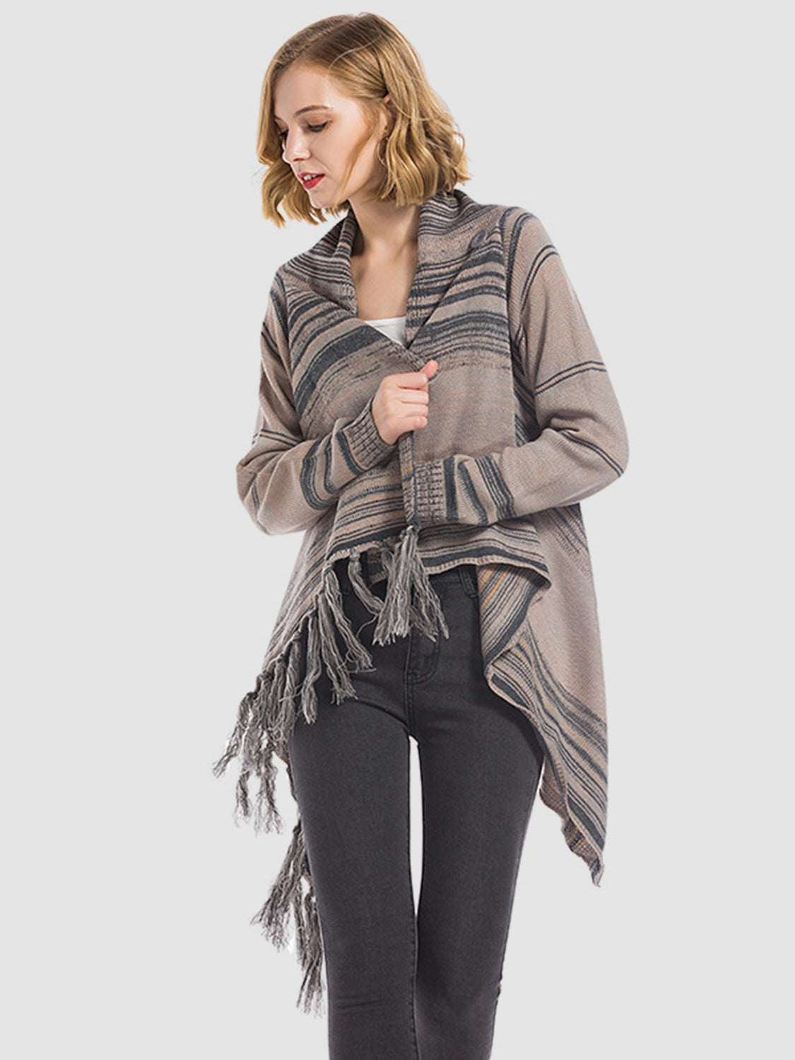 Angel Wings Tassel Striped Open Front Long Sleeve Cardigan - EkaVibe