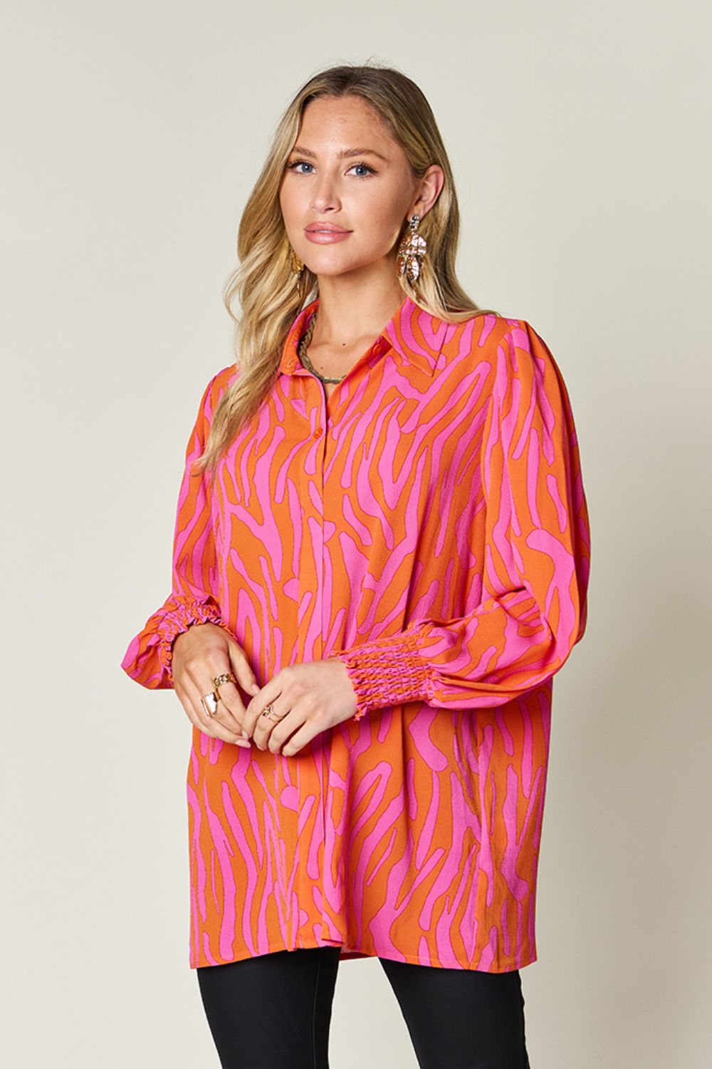 Double Take Full Size Printed Smocked Long Sleeve Blouse - EkaVibe