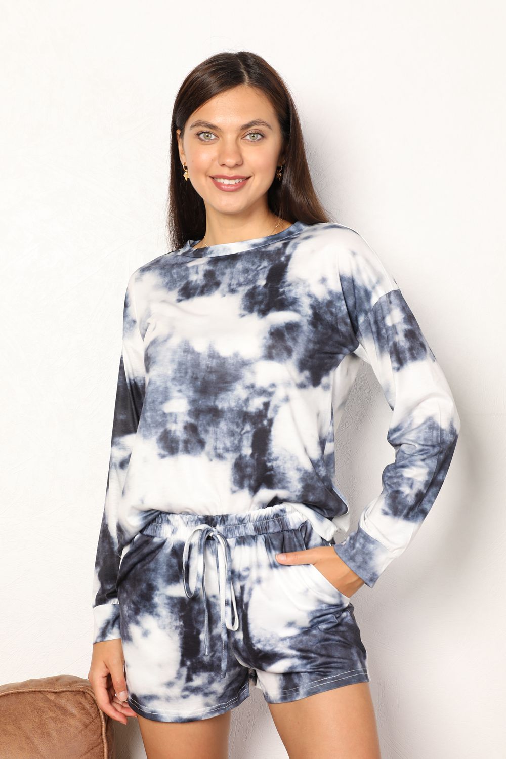 Shiny Tie-Dye Round Neck Top and Shorts Lounge Set - EkaVibe