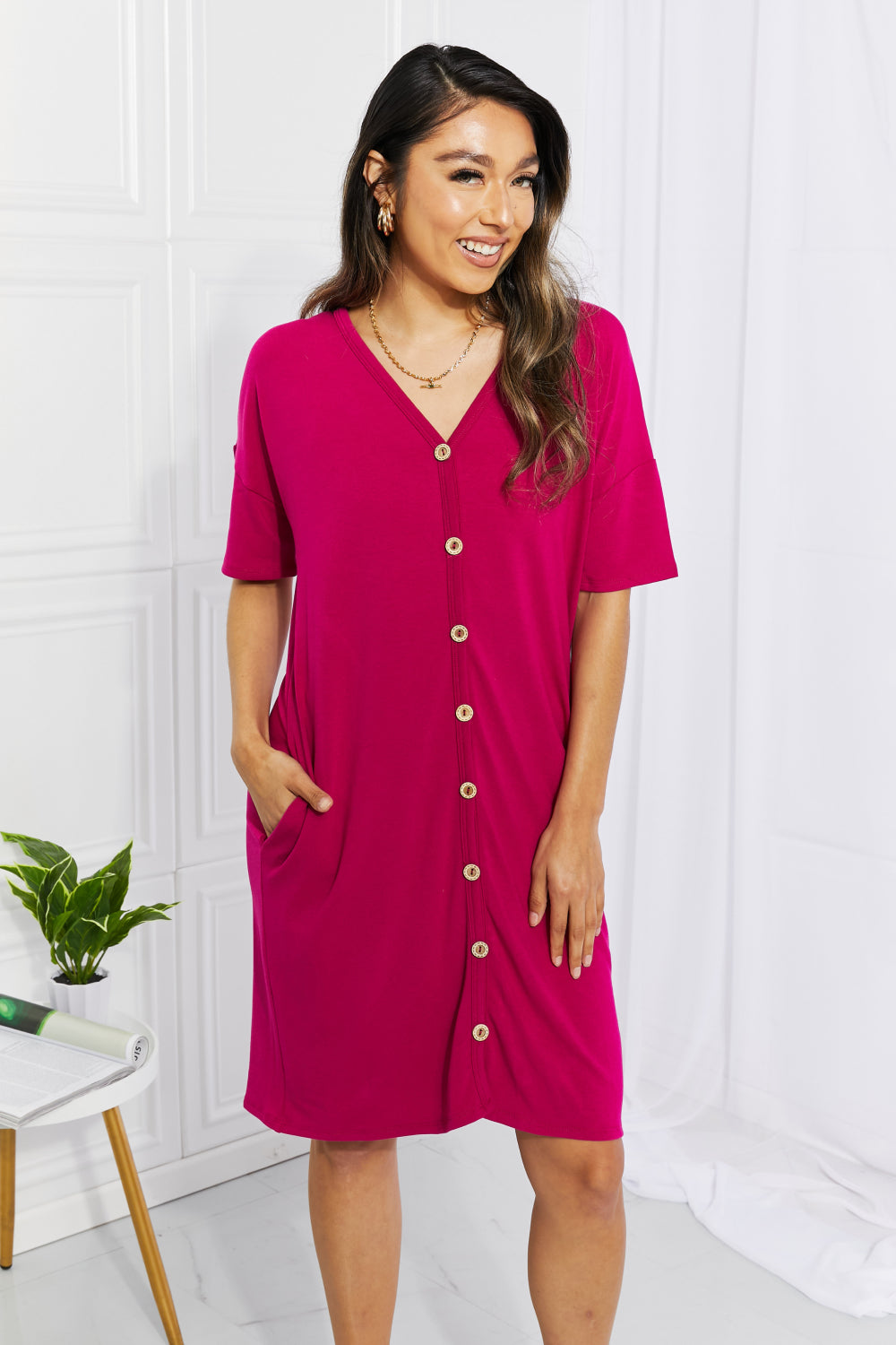 BOMBOM Sunday Brunch Button Down Knee-Length Dress in Magenta - EkaVibe