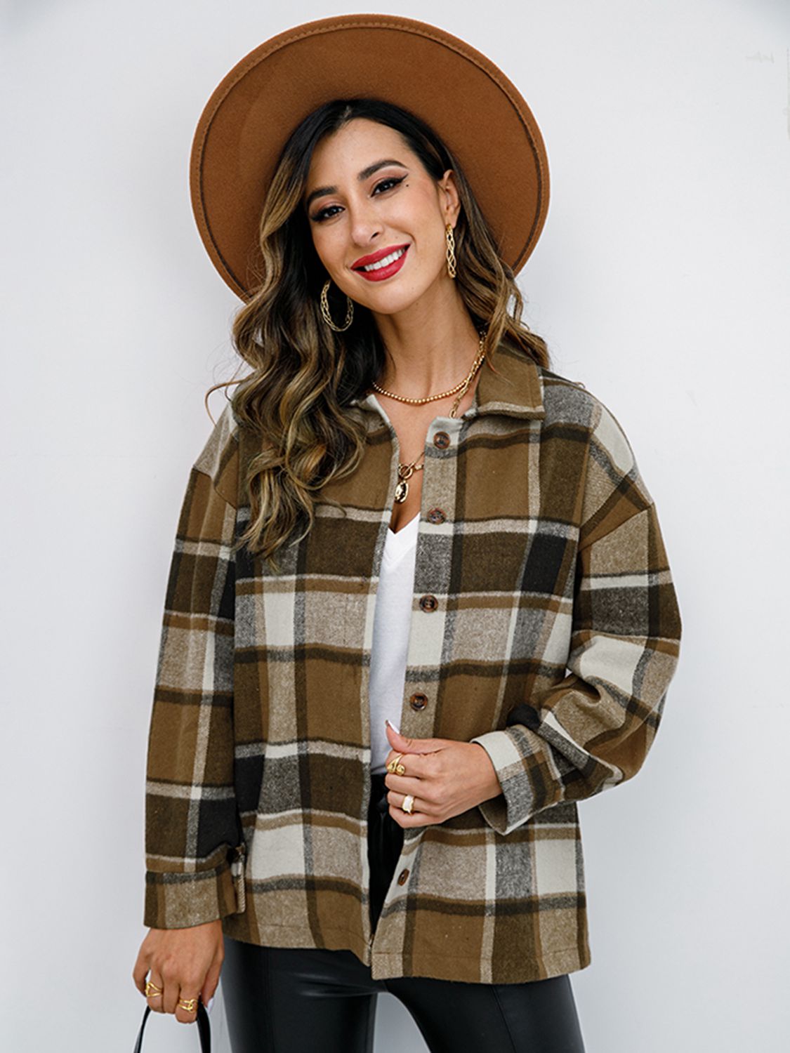 Shiny Plaid Button Up Collared Neck Jacket - EkaVibe