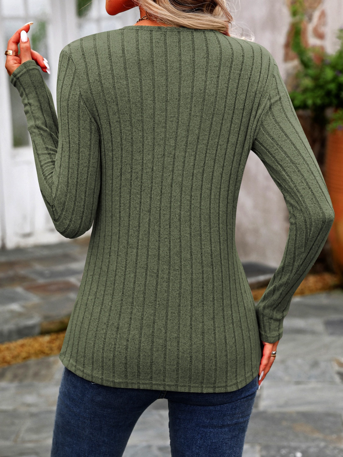 Decorative Button Round Neck Long Sleeve T-Shirt - EkaVibe