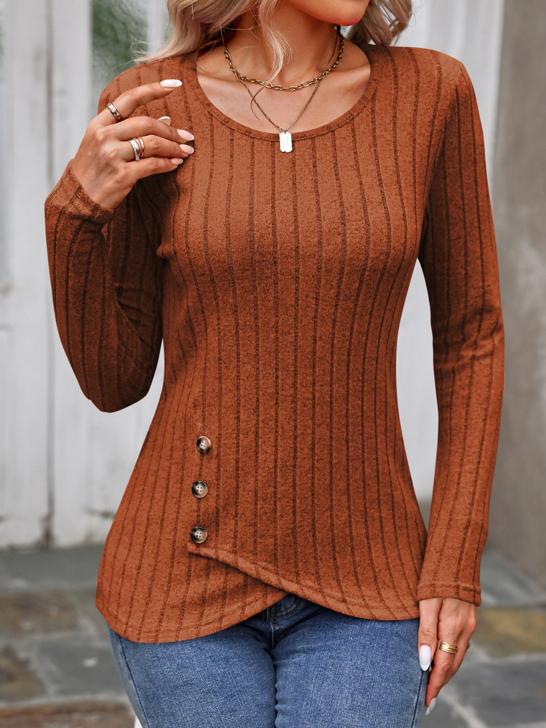 Decorative Button Round Neck Long Sleeve T-Shirt - EkaVibe