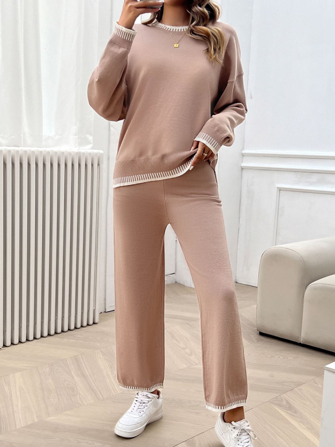 Devine Round Neck Dropped Shoulder Top and Pants Sweater Set - EkaVibe