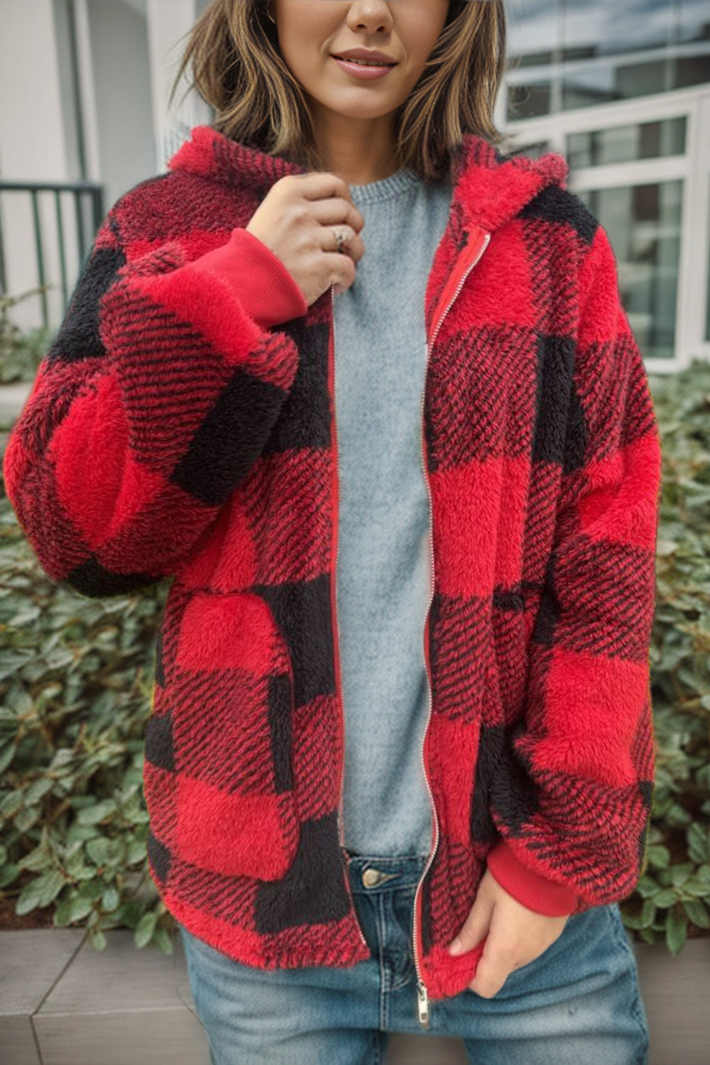 Double Take Full Size Plaid Long Sleeve Hooded Coat - EkaVibe