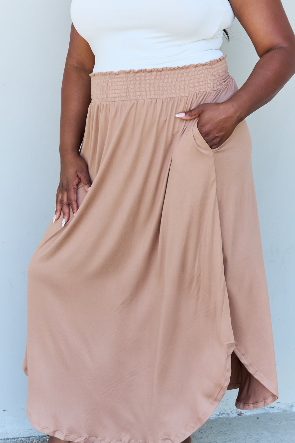 Doublju Comfort Princess Full Size High Waist Scoop Hem Maxi Skirt in Tan - EkaVibe