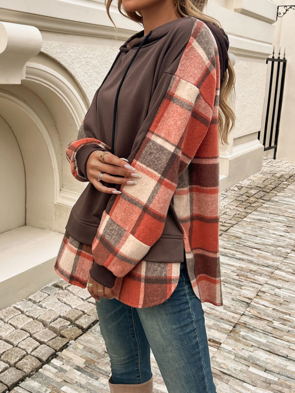 Devine Drawstring Plaid Long Sleeve Hoodie - EkaVibe