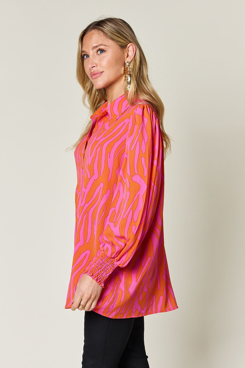 Double Take Full Size Printed Smocked Long Sleeve Blouse - EkaVibe