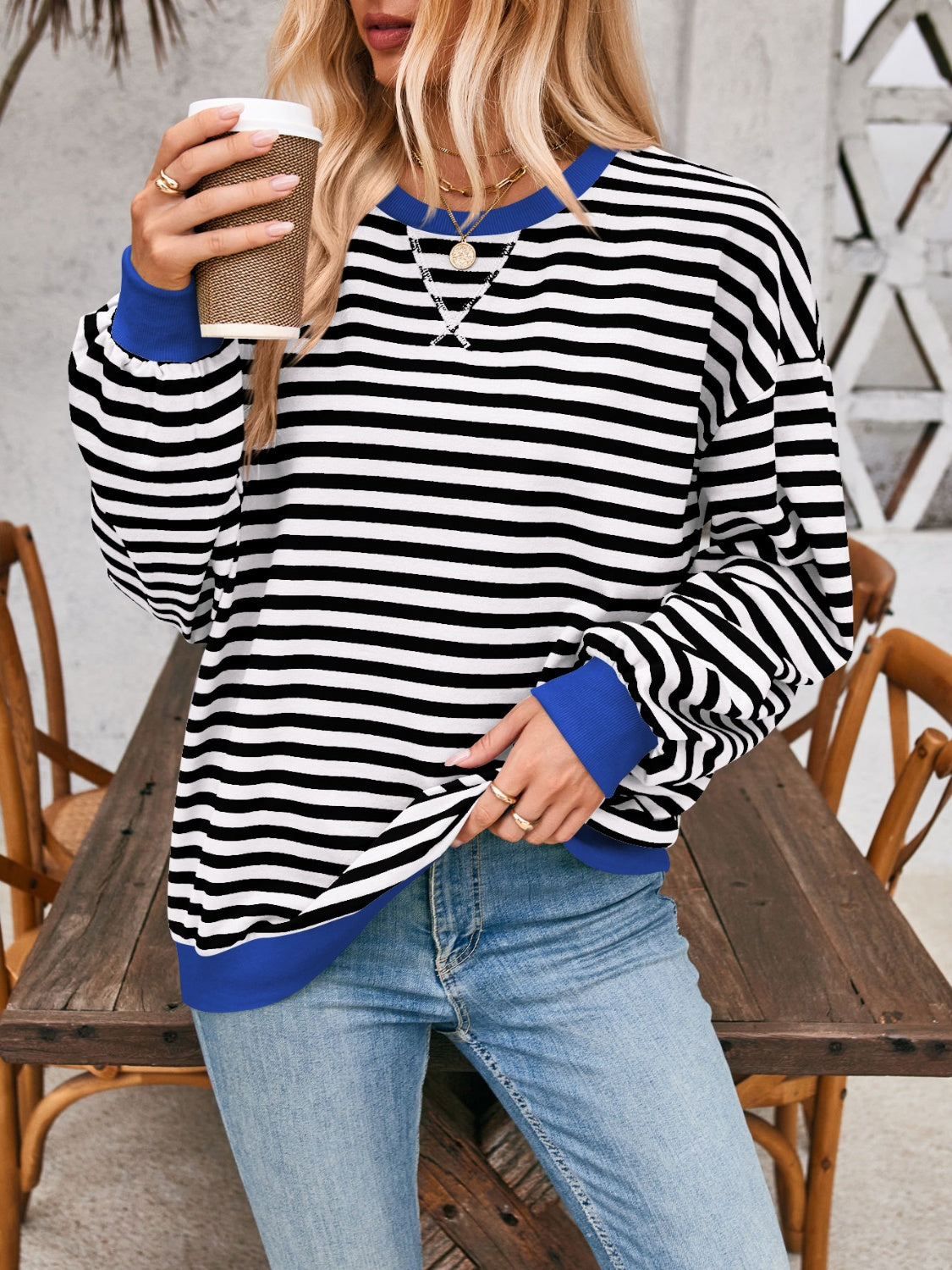 Lovelet Contrast Striped Long Sleeve Sweatshirt - EkaVibe