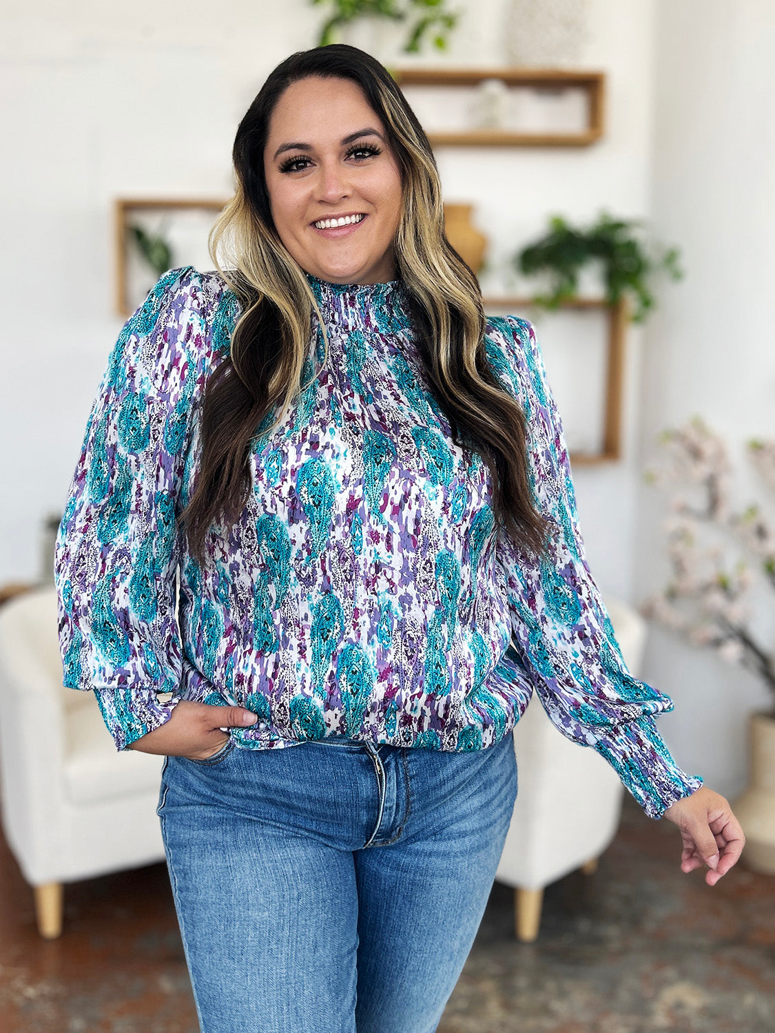 Double Take Full Size Printed Smocked Long Sleeve Blouse - EkaVibe