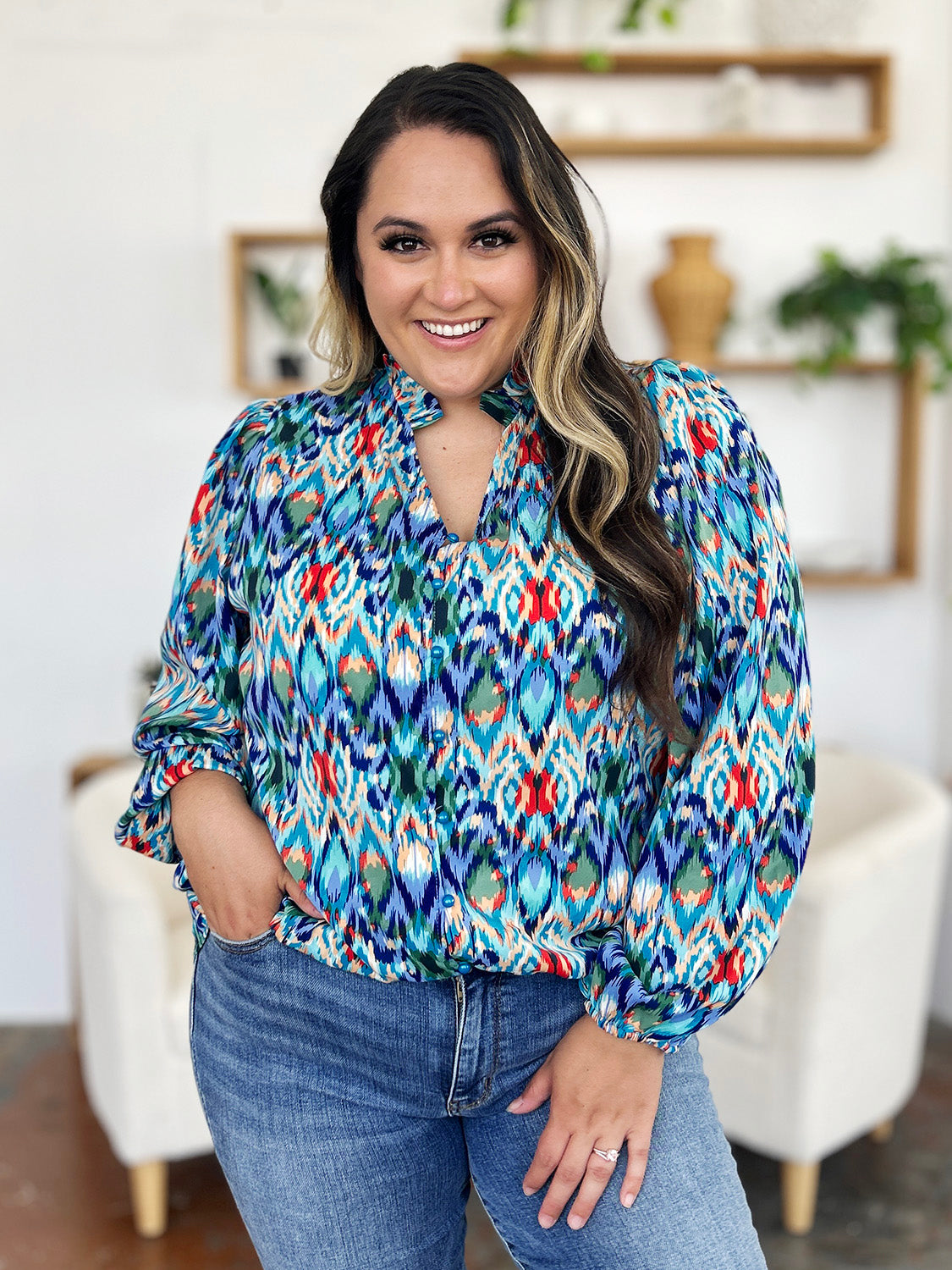 Double Take Full Size Printed Balloon Sleeve Blouse - EkaVibe