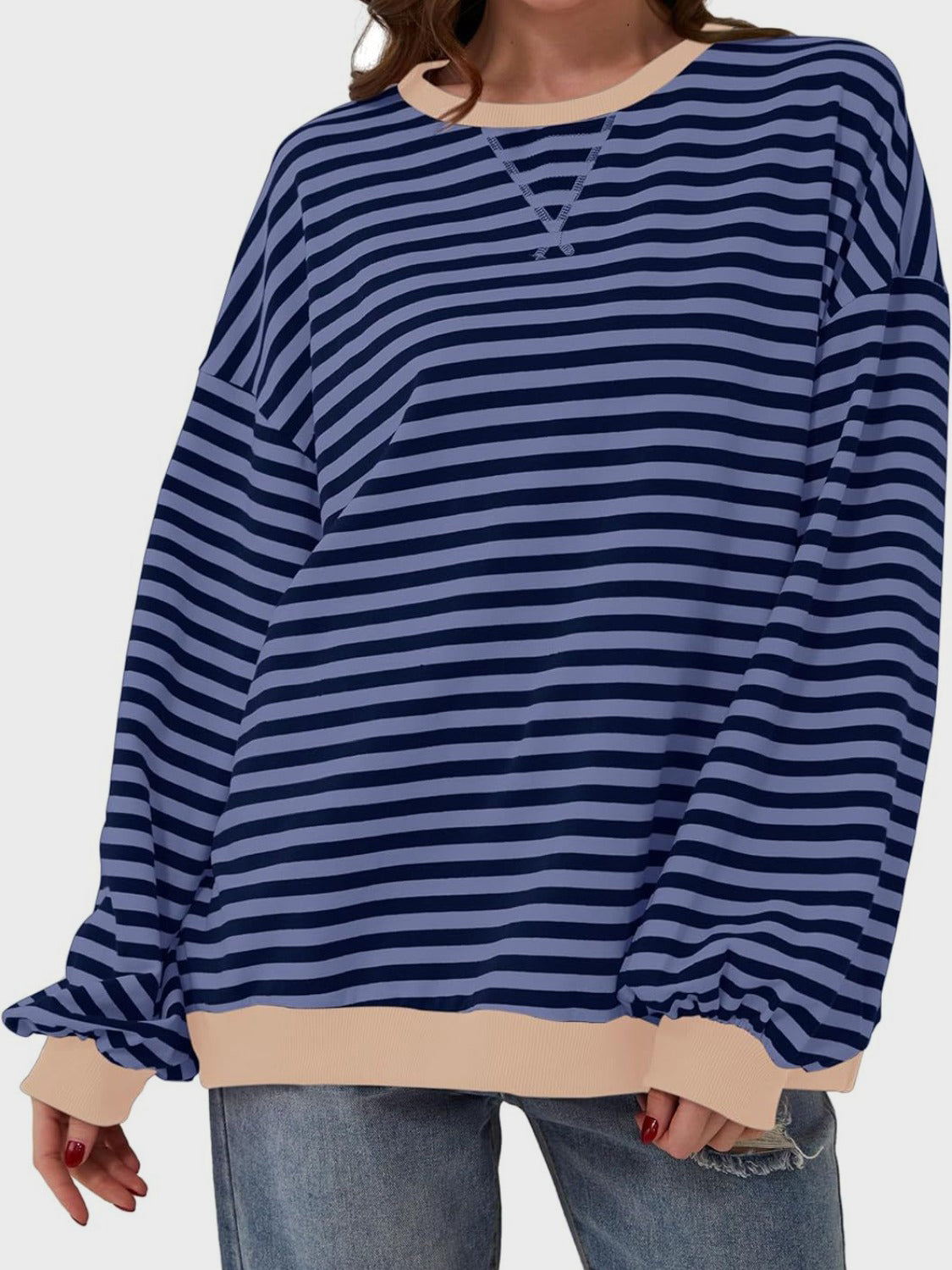 Lovelet Contrast Striped Long Sleeve Sweatshirt - EkaVibe