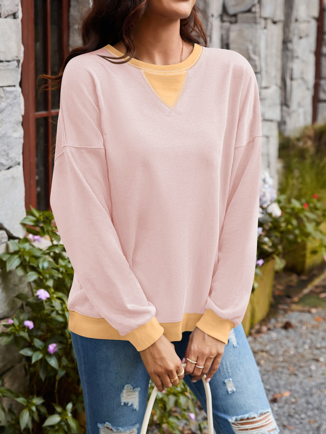 Lovelet Contrast Round Neck Long Sleeve Sweatshirt - EkaVibe