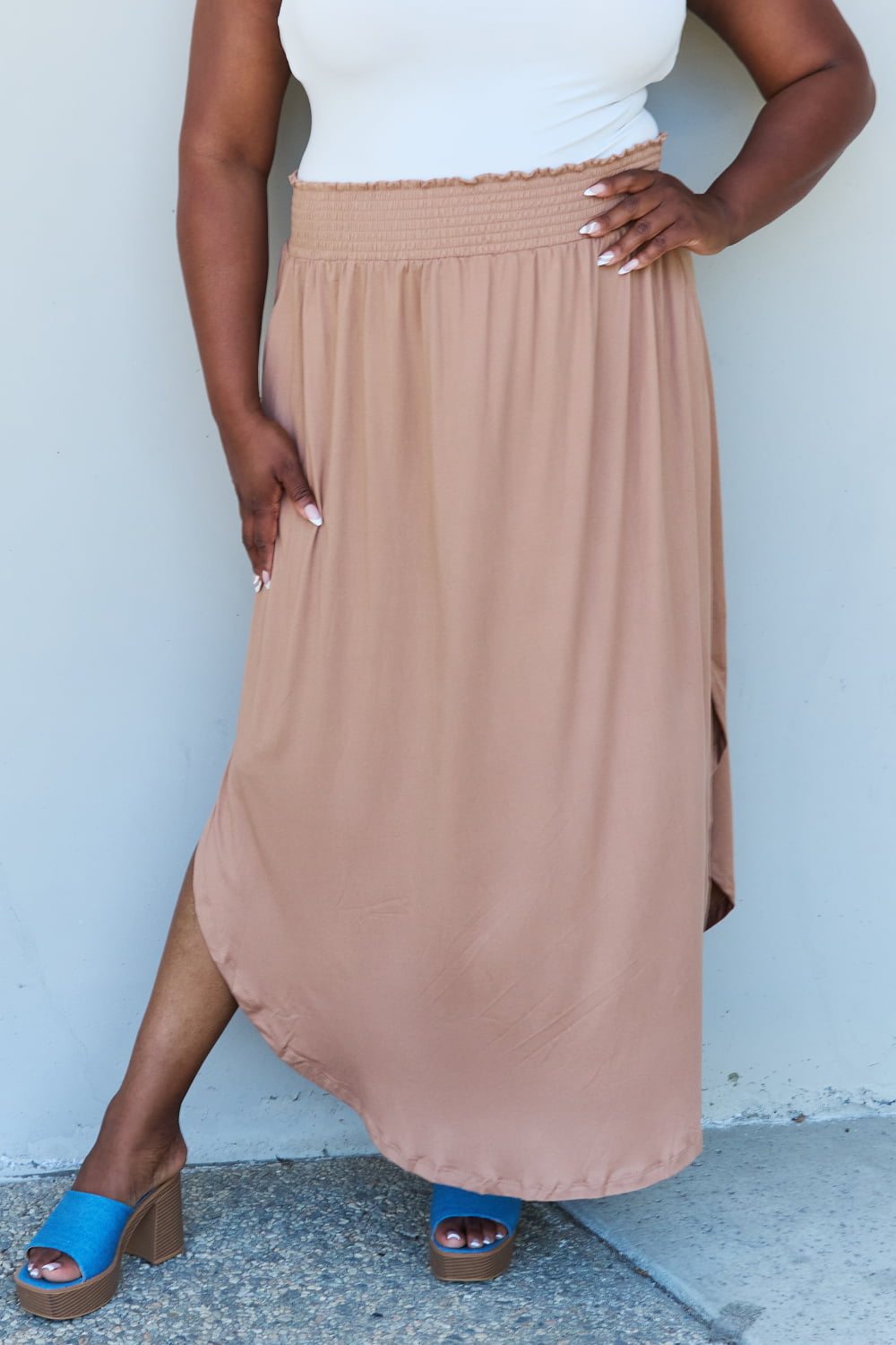 Doublju Comfort Princess Full Size High Waist Scoop Hem Maxi Skirt in Tan - EkaVibe