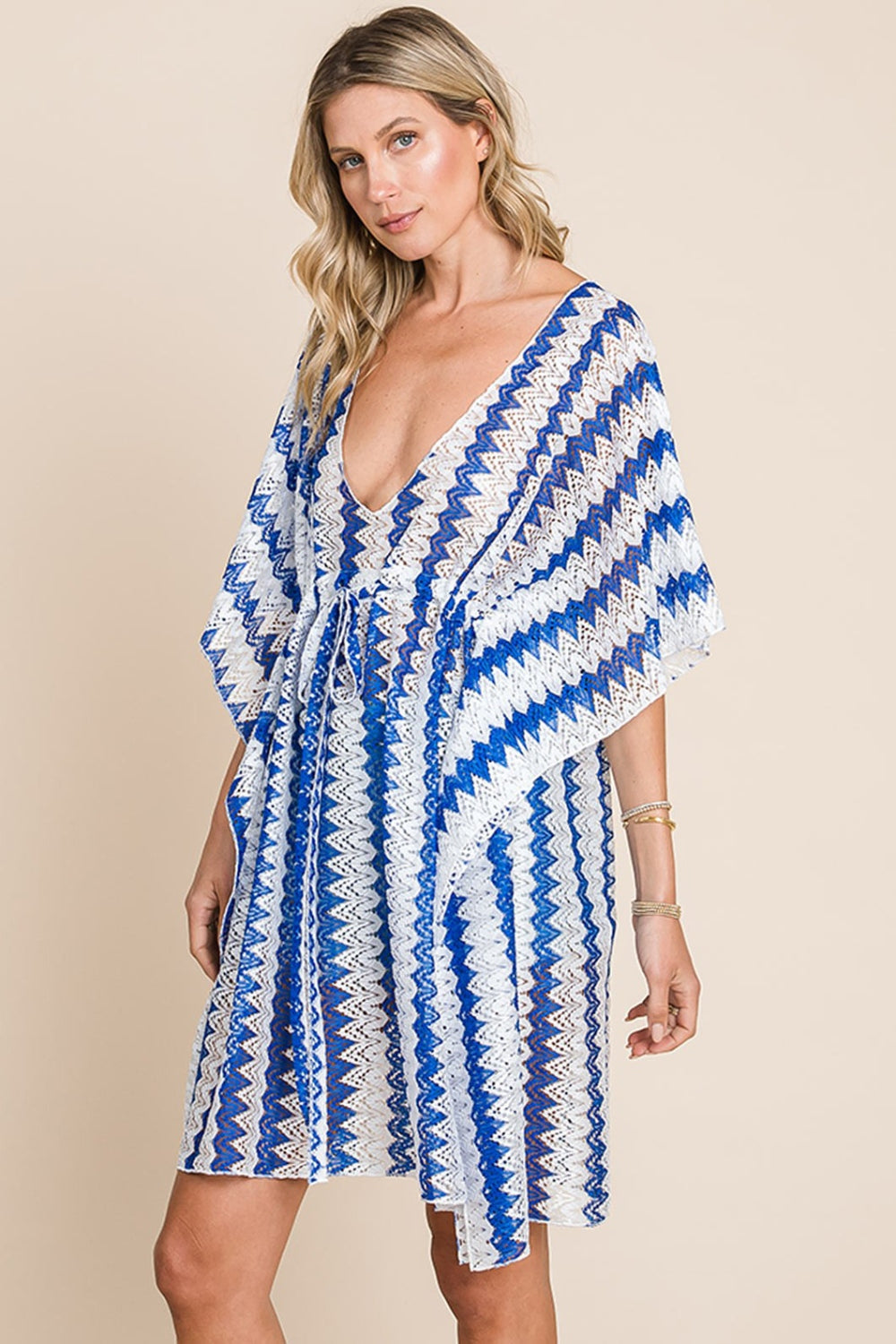 Cotton Bleu by Nu Lab Tied Striped Plunge Half Sleeve Cover-Up - EkaVibe