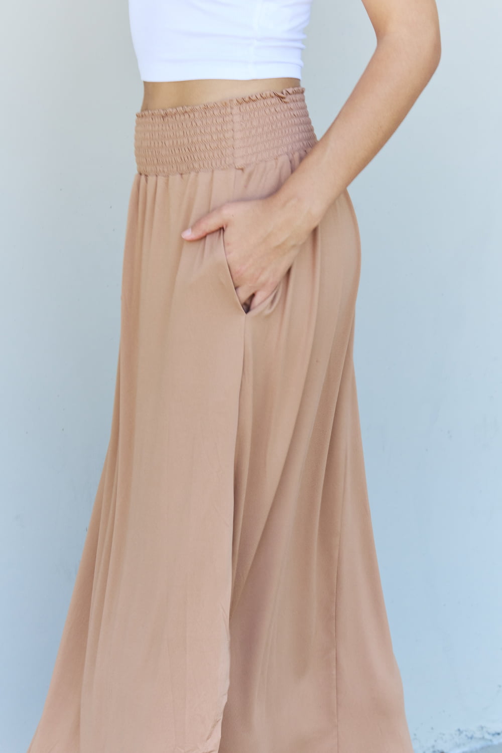 Doublju Comfort Princess Full Size High Waist Scoop Hem Maxi Skirt in Tan - EkaVibe