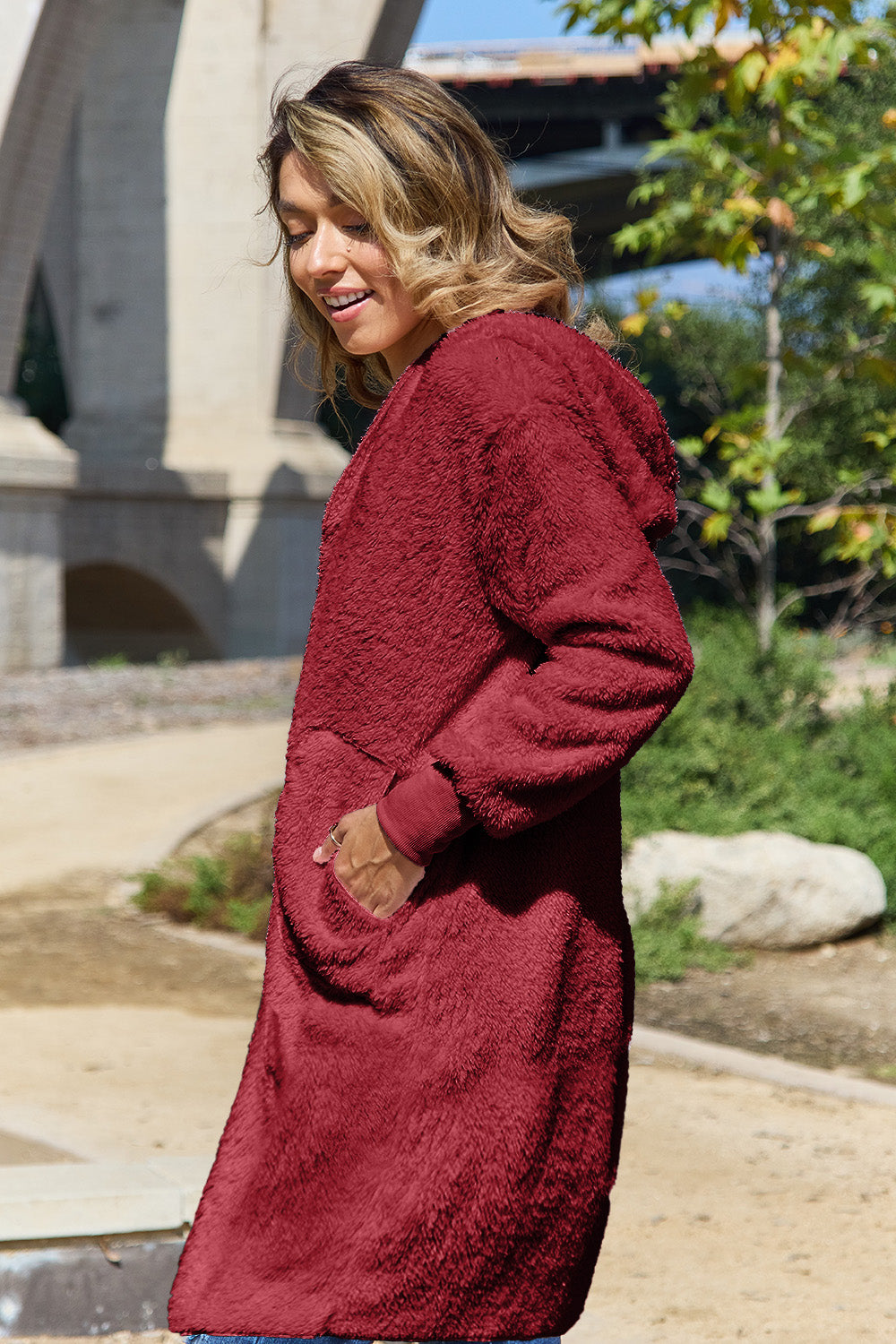 Double Take Full Size Hooded Teddy Bear Jacket with Thumbholes - EkaVibe