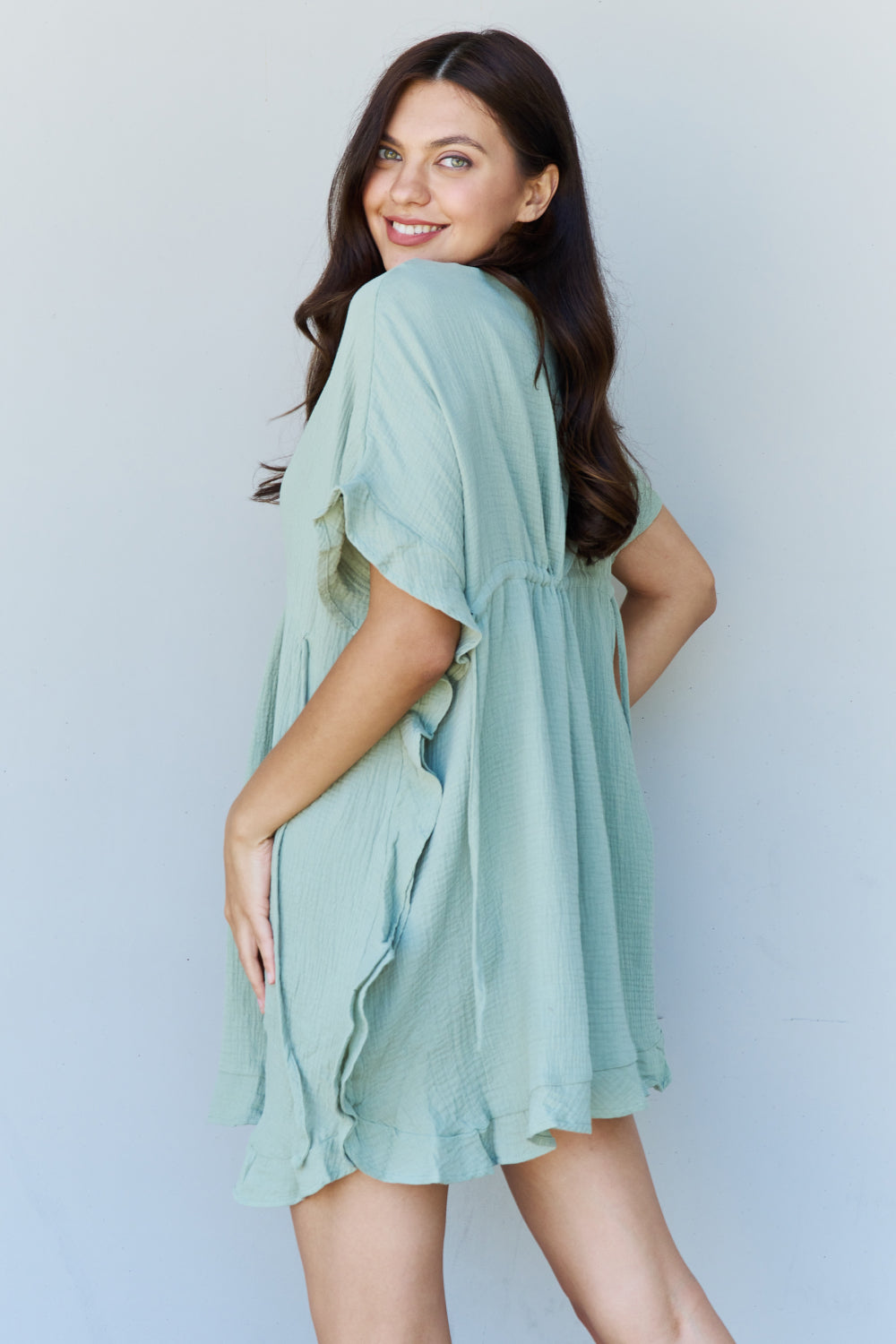 Ninexis Out Of Time Full Size Ruffle Hem Dress with Drawstring Waistband in Light Sage - EkaVibe