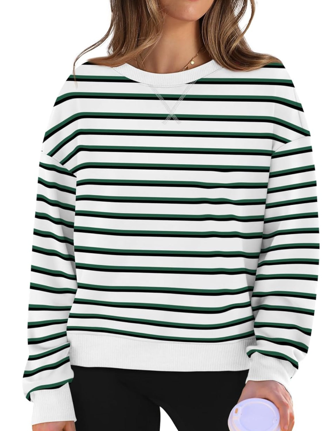 Lovelet Striped Round Neck Long Sleeve Sweatshirt - EkaVibe