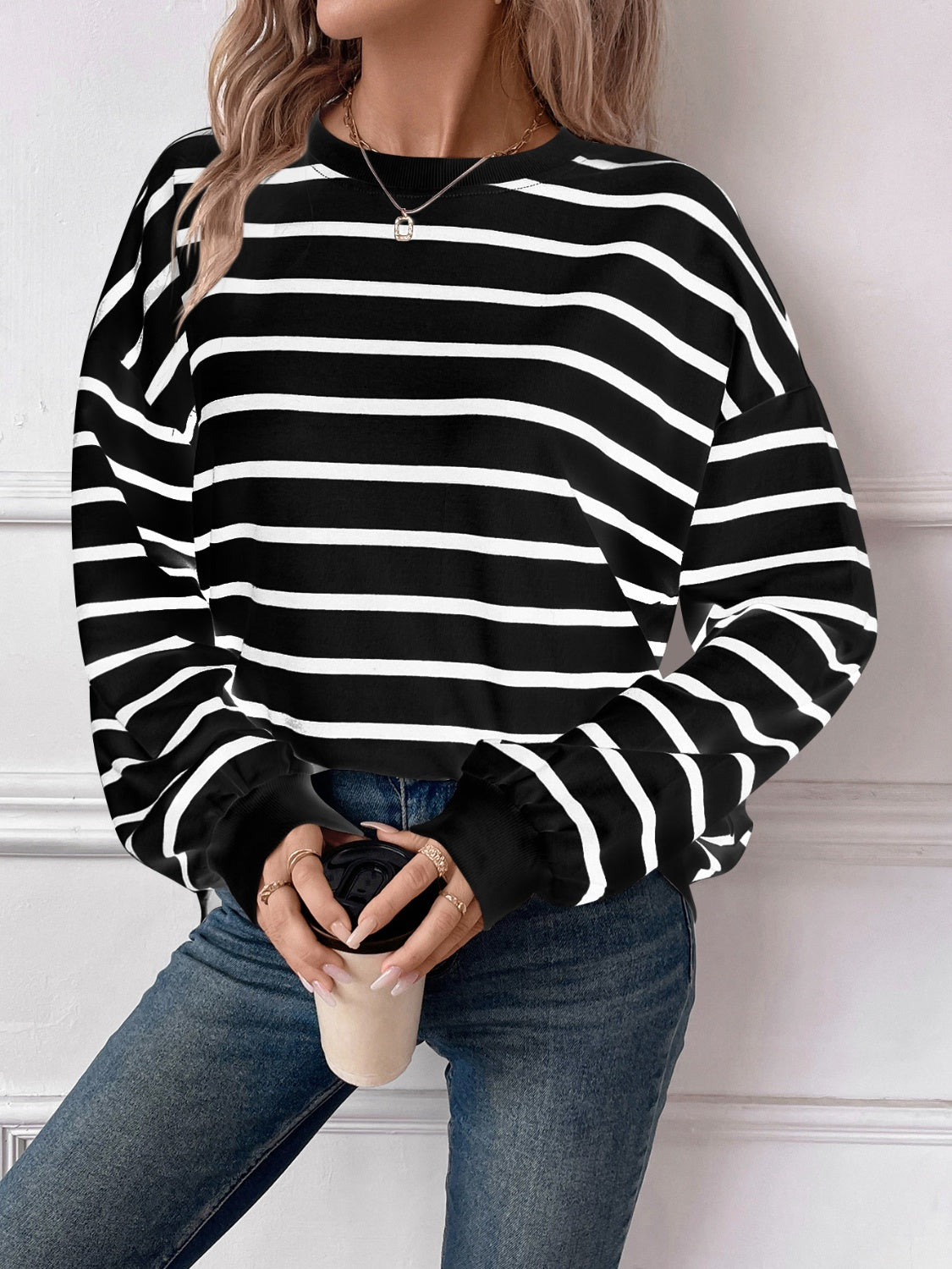 Lovelet Striped Round Neck Long Sleeve Sweatshirt - EkaVibe