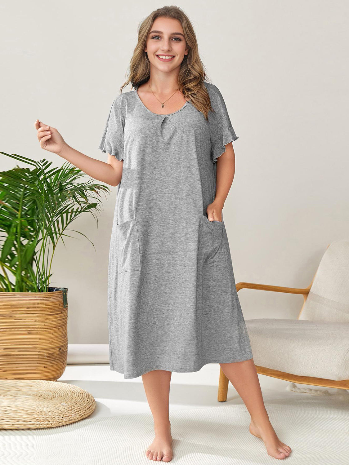 Plus Size Round Neck Short Sleeve Lounge Dress - EkaVibe