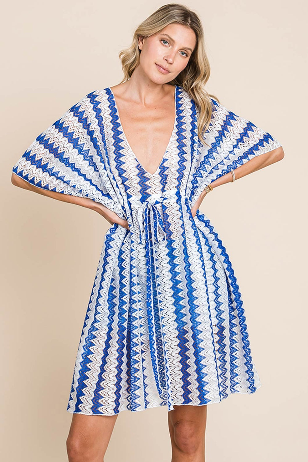 Cotton Bleu by Nu Lab Tied Striped Plunge Half Sleeve Cover-Up - EkaVibe