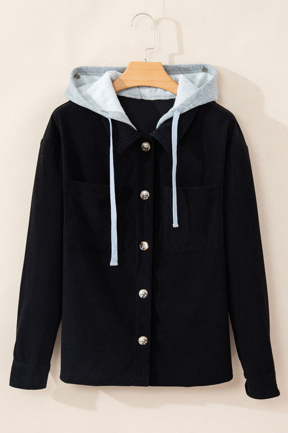 Drawstring Button Up Long Sleeve Hooded Jacket - EkaVibe