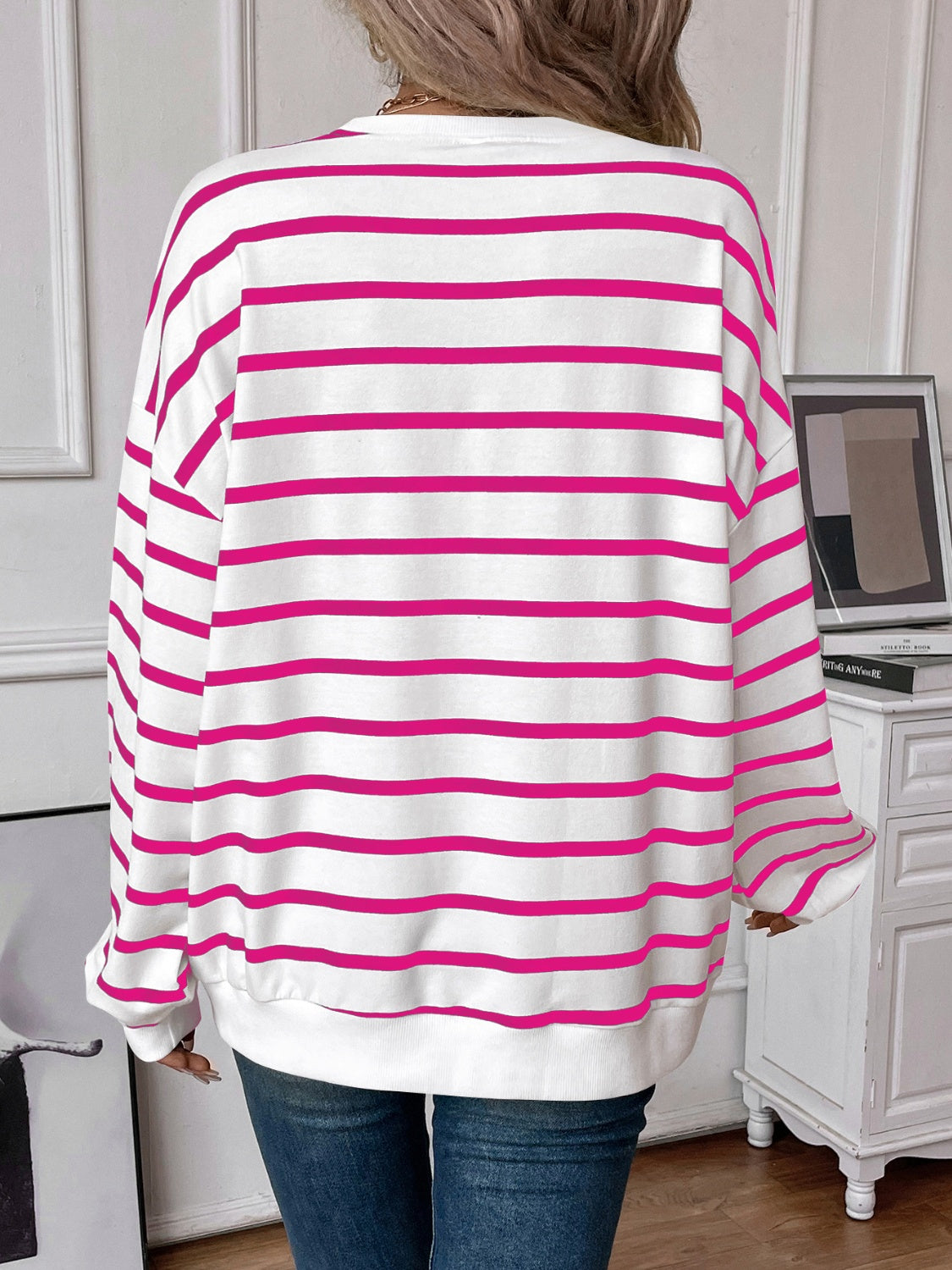 Lovelet Striped Round Neck Long Sleeve Sweatshirt - EkaVibe