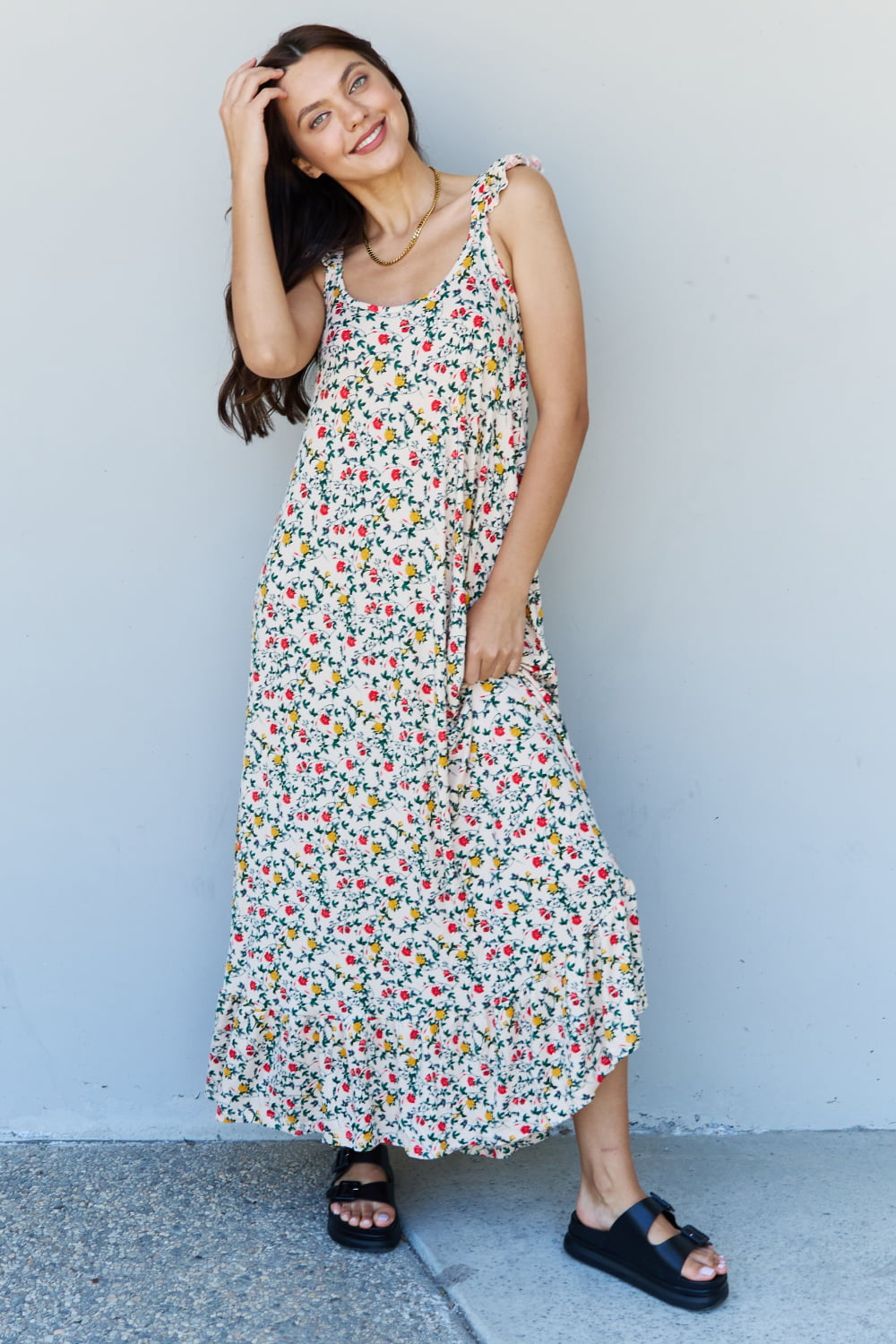 Doublju In The Garden Ruffle Floral Maxi Dress in Natural Rose - EkaVibe