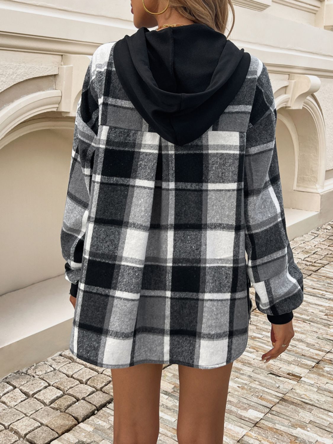 Devine Drawstring Plaid Long Sleeve Hoodie - EkaVibe