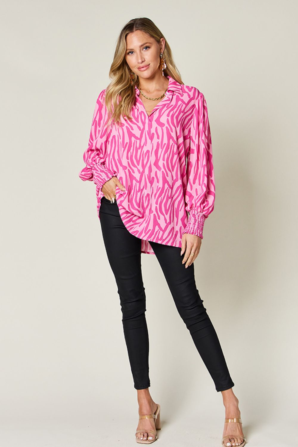 Double Take Full Size Printed Smocked Long Sleeve Blouse - EkaVibe