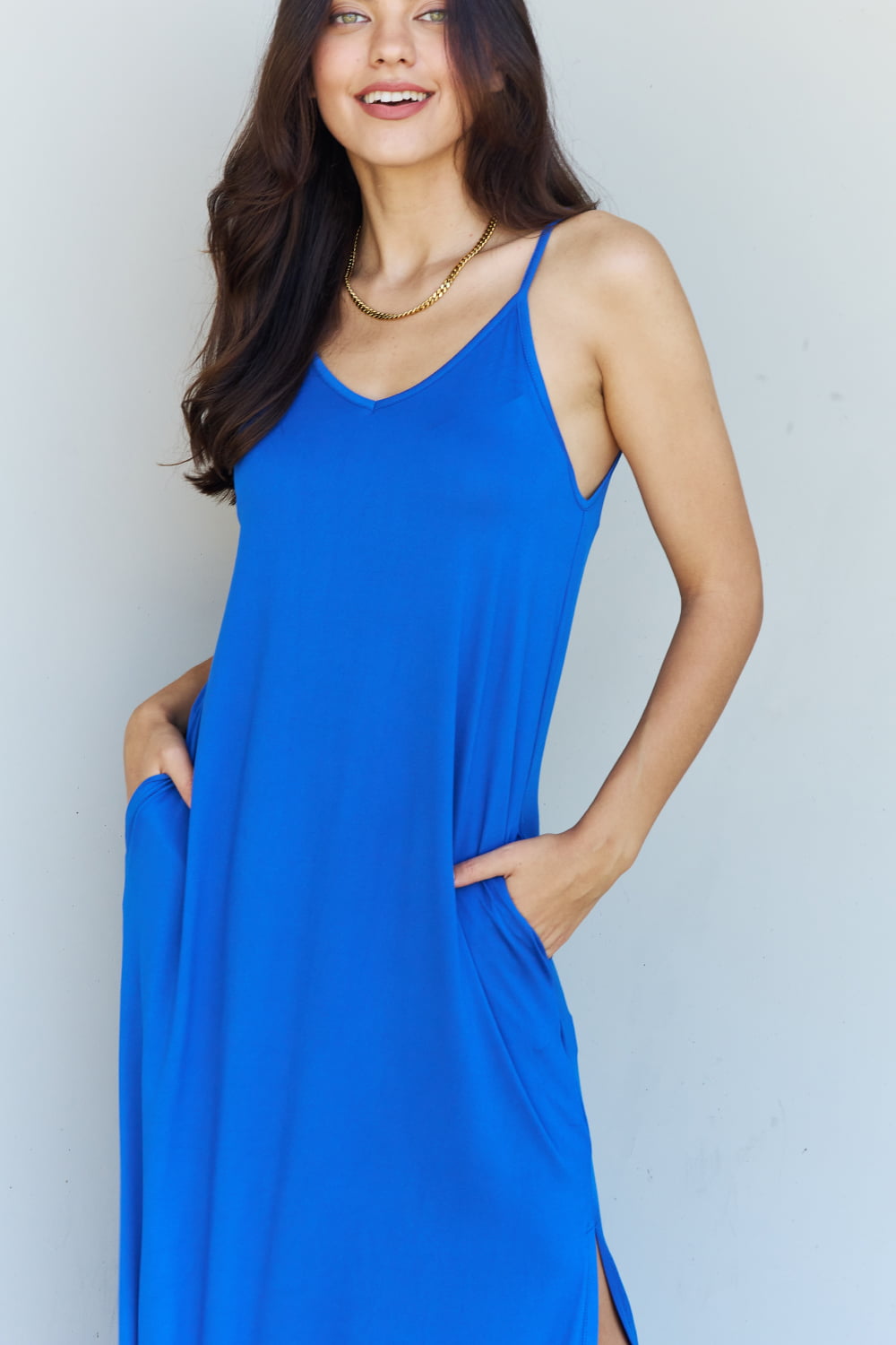 Ninexis Good Energy Full Size Cami Side Slit Maxi Dress in Royal Blue - EkaVibe