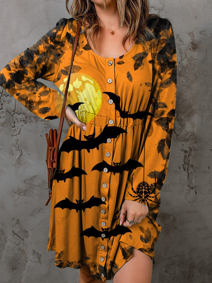 Full Size Halloween Theme Round Neck Long Sleeve Magic Dress - EkaVibe