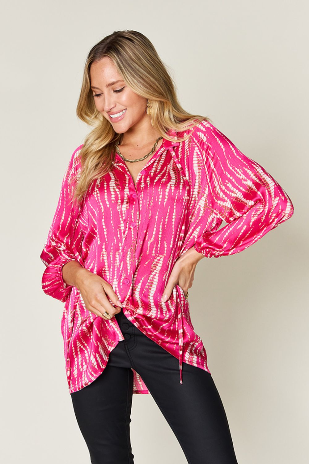 Double Take Full Size Printed Button Up Long Sleeve Shirt - EkaVibe