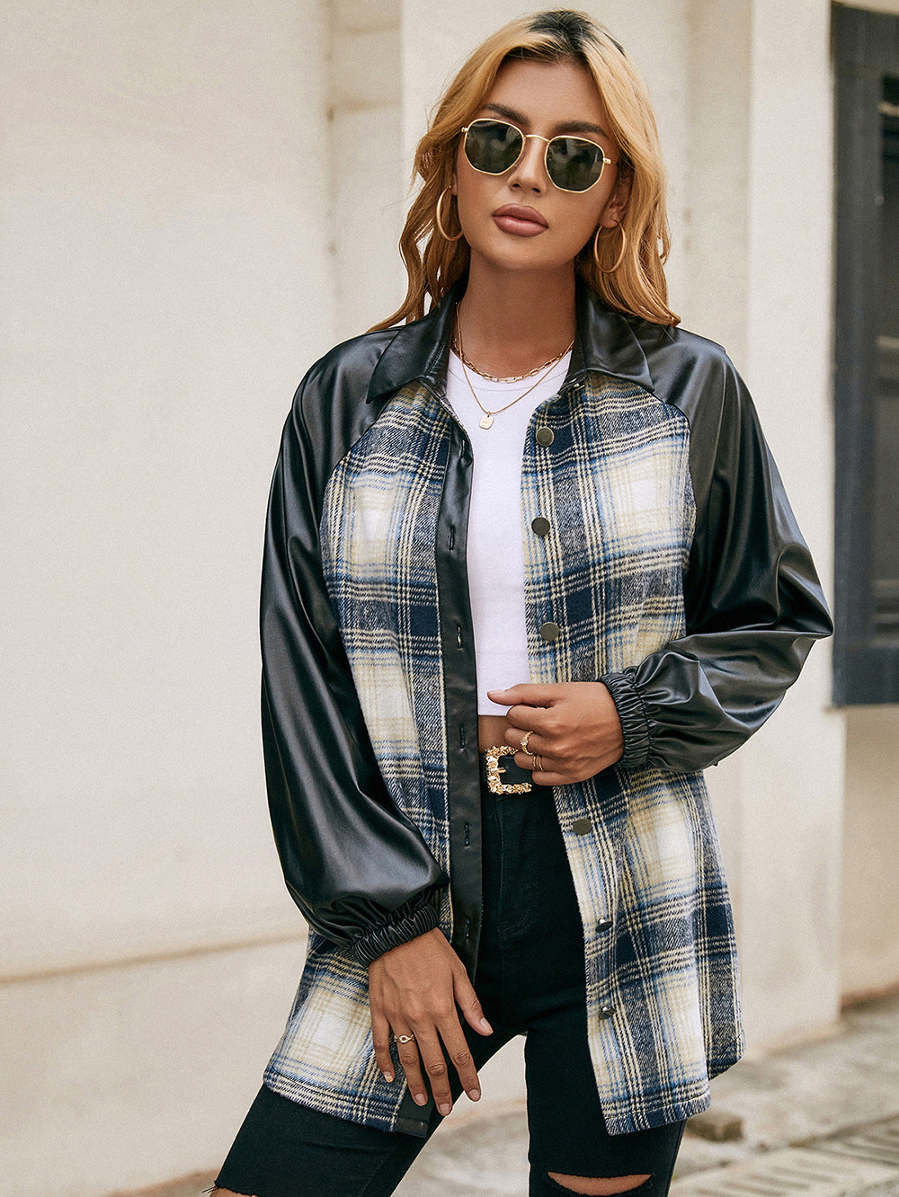 Ivy Lane Plaid Button Down Raglan Sleeve Jacket - EkaVibe