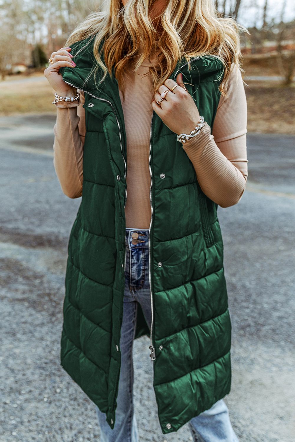 Longline Hooded Sleeveless Puffer Vest - EkaVibe