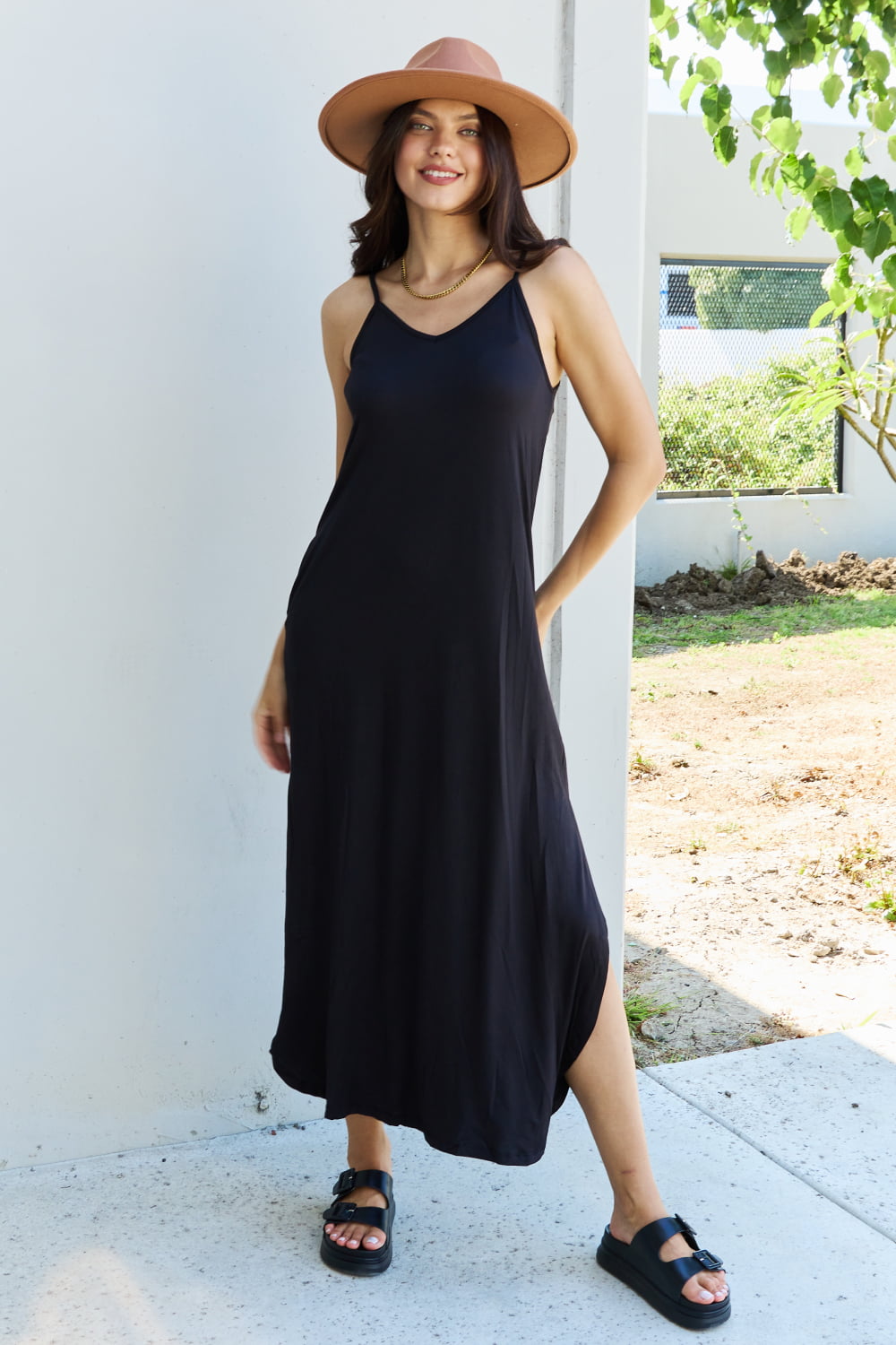 Ninexis Good Energy Full Size Cami Side Slit Maxi Dress in Black - EkaVibe