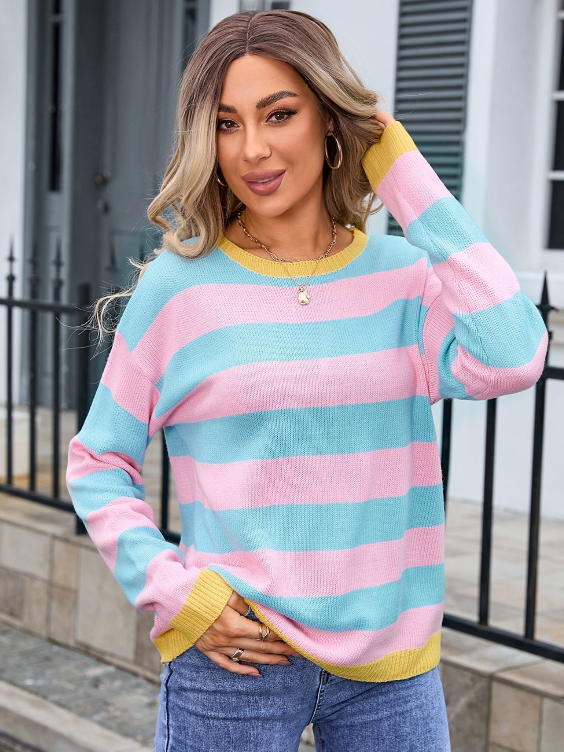 Angel Wings Striped Round Neck Dropped Shoulder Sweater - EkaVibe