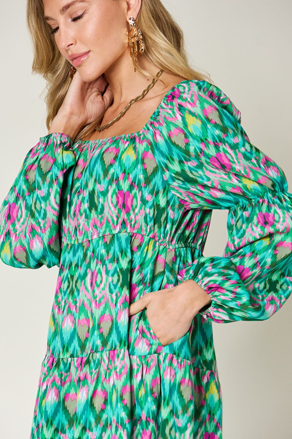 Double Take Full Size Printed Long Sleeve Dress - EkaVibe