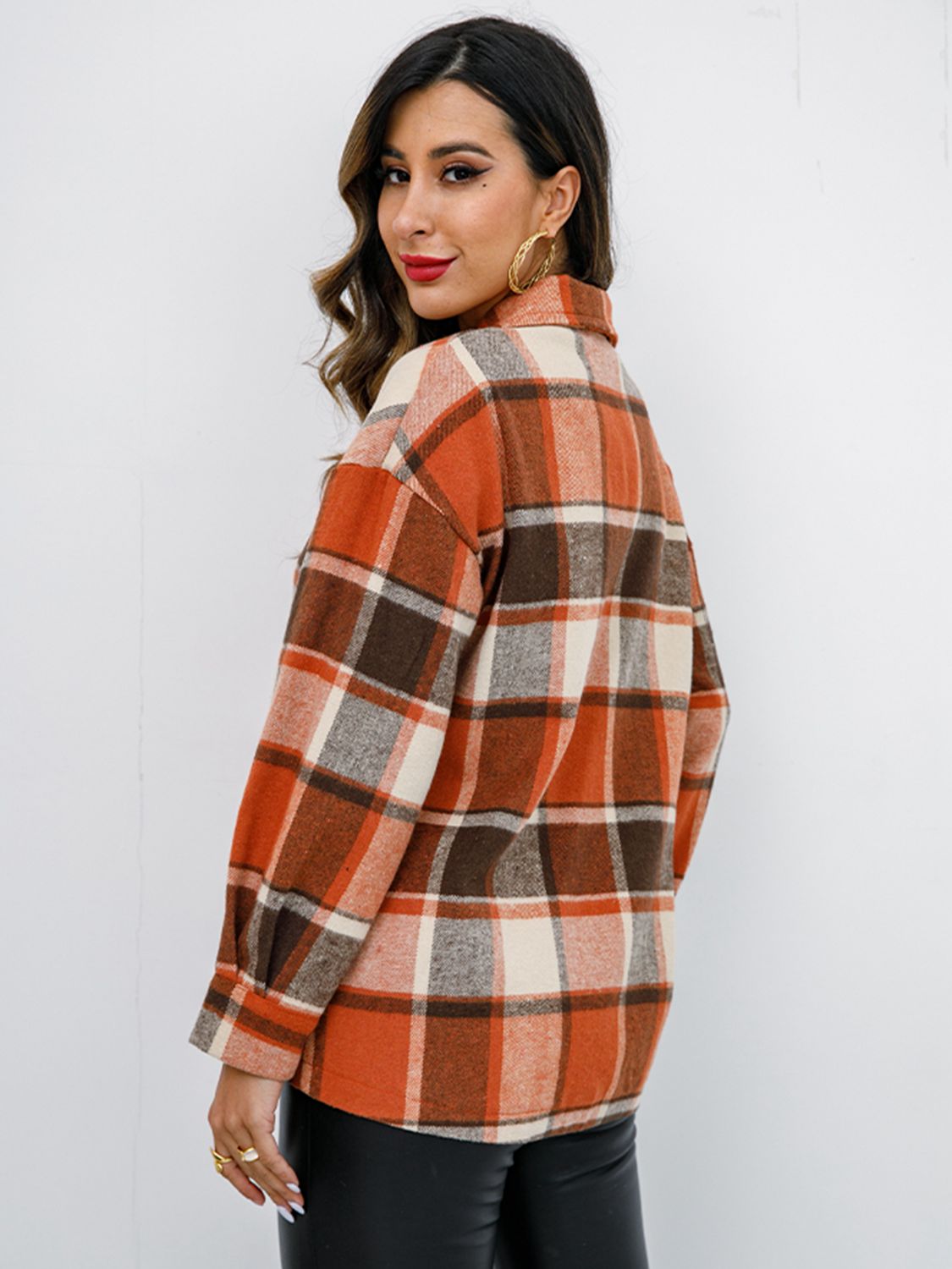 Shiny Plaid Button Up Collared Neck Jacket - EkaVibe