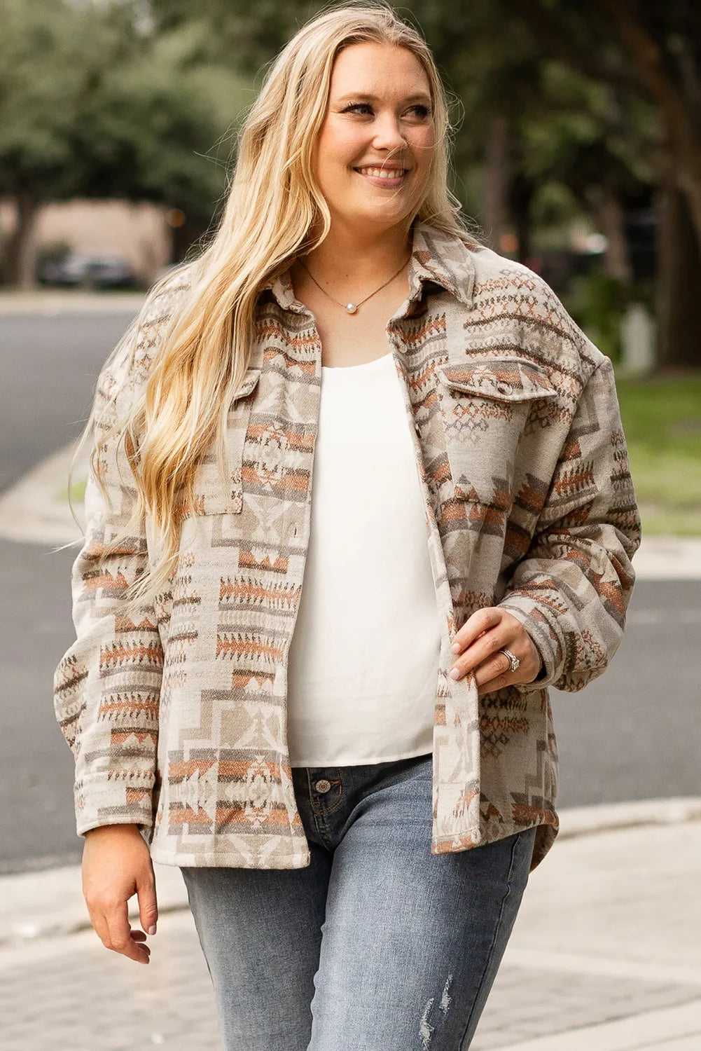 Plus Size Geometric Collared Neck Long Sleeve Jacket - EkaVibe