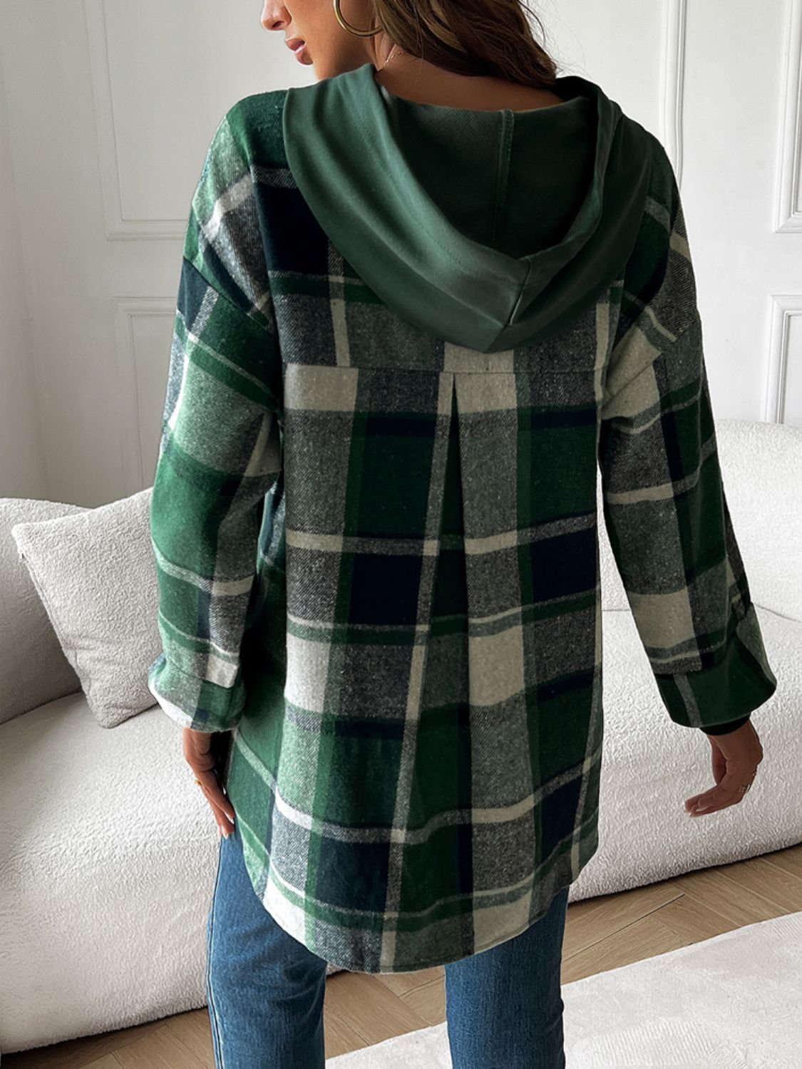 Devine Drawstring Plaid Long Sleeve Hoodie - EkaVibe