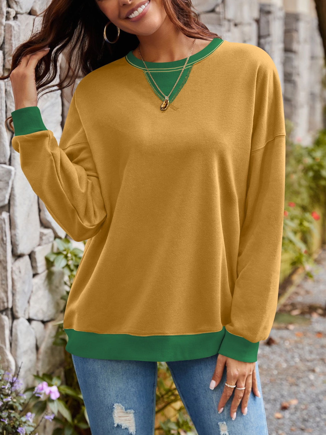 Lovelet Contrast Round Neck Long Sleeve Sweatshirt - EkaVibe