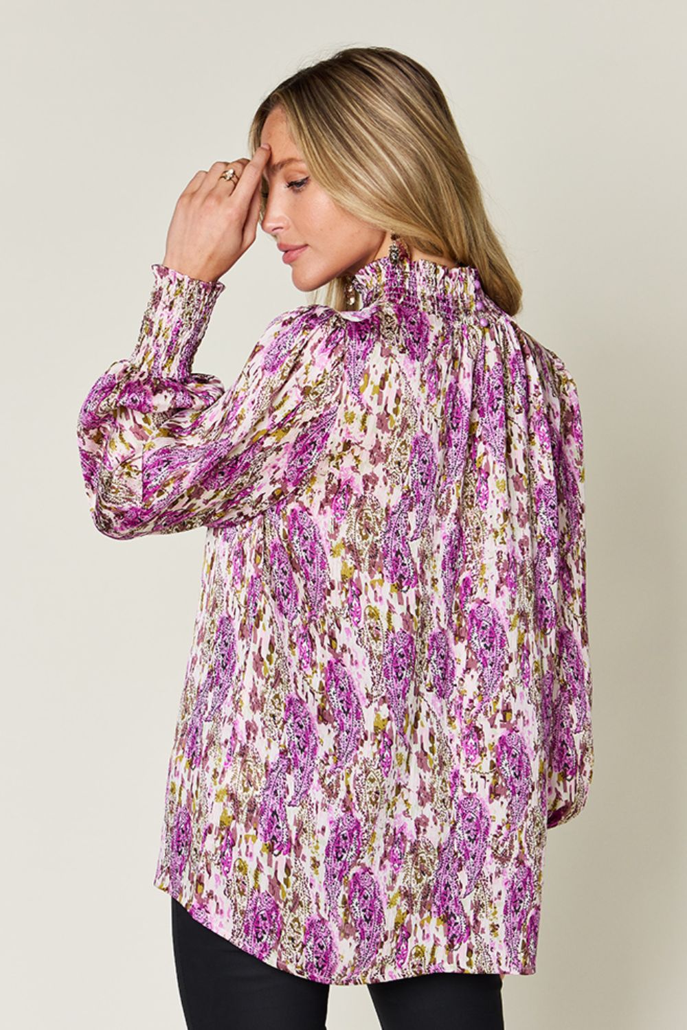 Double Take Full Size Printed Smocked Long Sleeve Blouse - EkaVibe