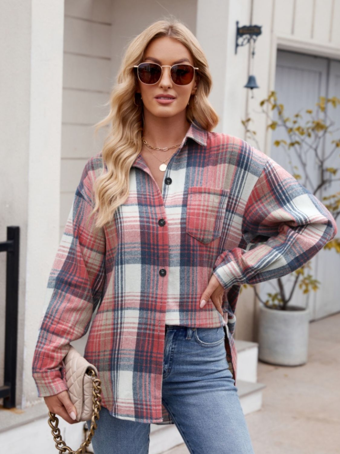 Mandy Pocketed Plaid Collared Neck Long Sleeve Shirt - EkaVibe