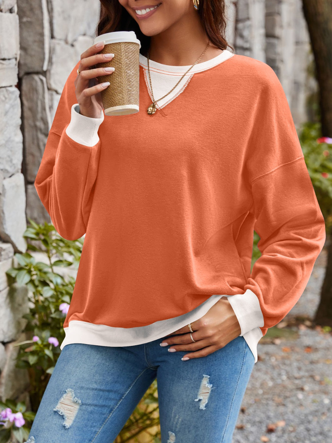 Lovelet Contrast Round Neck Long Sleeve Sweatshirt - EkaVibe